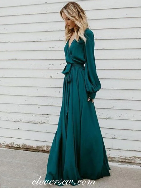 Maxi dress with cap sleeves-V-neck Long Sleeves Teal Chiffon High Slit Prom Dresses,CP0003