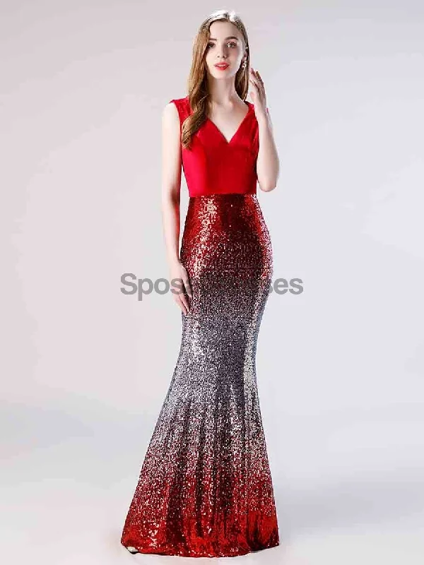 Maxi dress with tiered bodice-V Neck Ombre Sequin Mermaid Evening Prom Dresses, Evening Party Prom Dresses, 12115