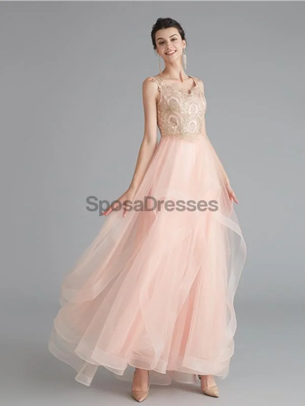 Maxi dress with smocked bodice-V Neck Peach A-line Gold Bodice Evening Prom Dresses, Evening Party Prom Dresses, 12120