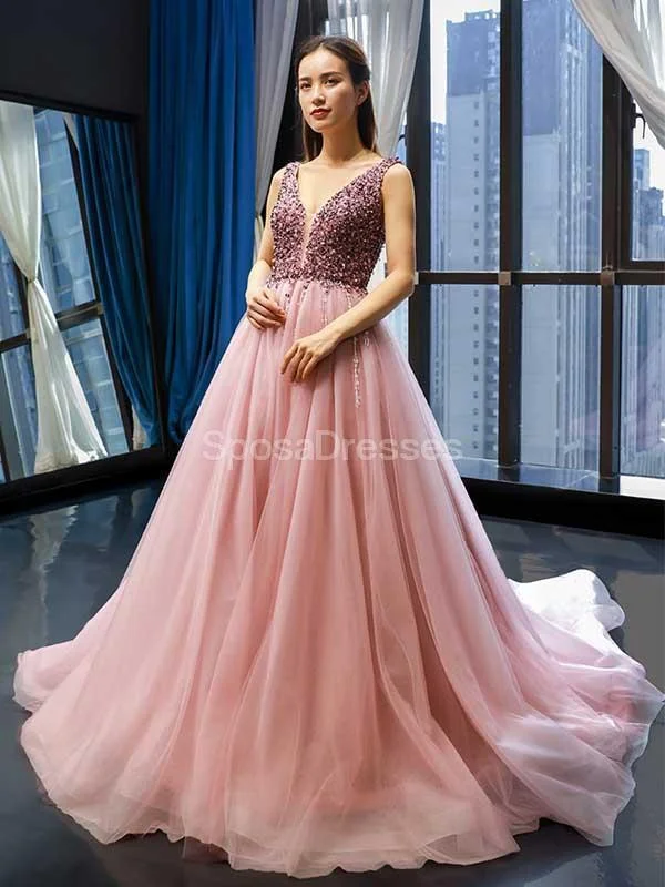 Maxi dress with crisscross back-V Neck Peach Rhinestone Beaded Long Evening Prom Dresses, Evening Party Prom Dresses, 12242