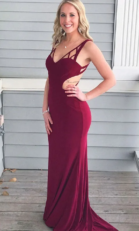 Maxi dress with zip front-Burgundy V Neck Prom Dresses Criss Cross Spandex