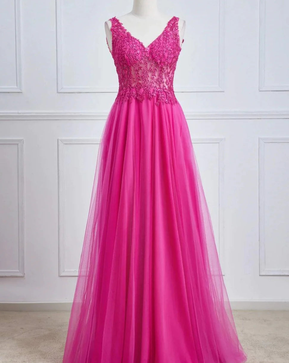 Maxi dress with bold stripes-V Neck Prom Dresses Fuchsia Floor Length Corset