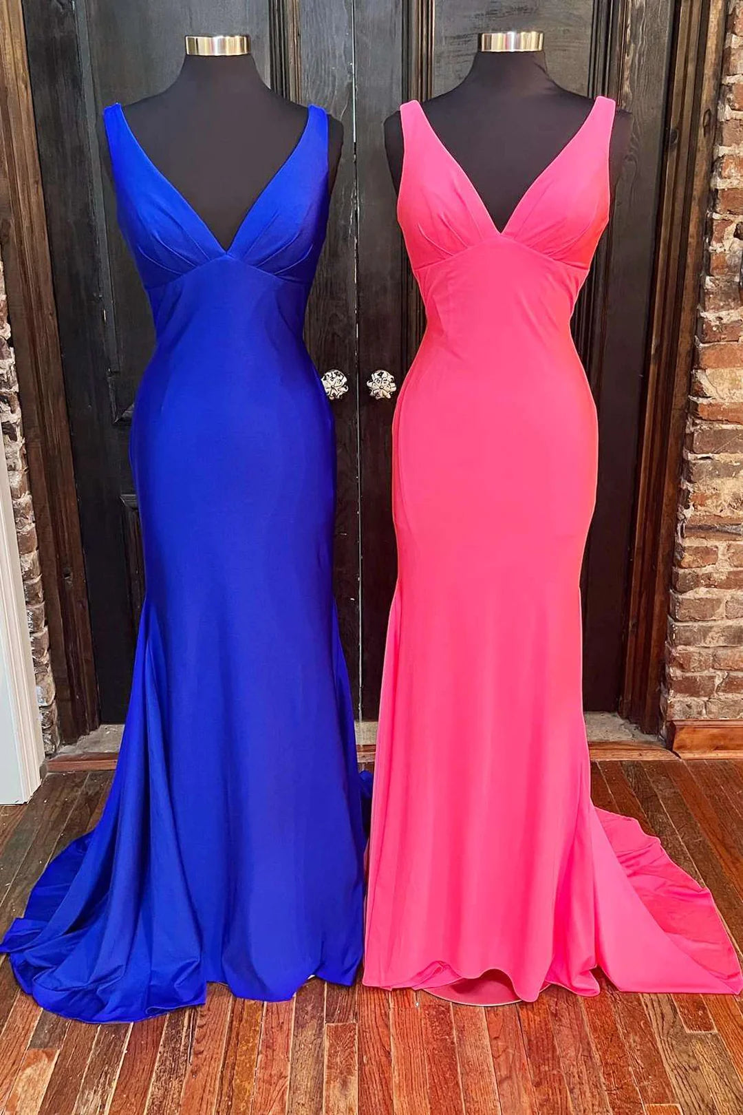 Maxi dress with high-low hem-V Neck Prom Dresses Royal Blue Spandex