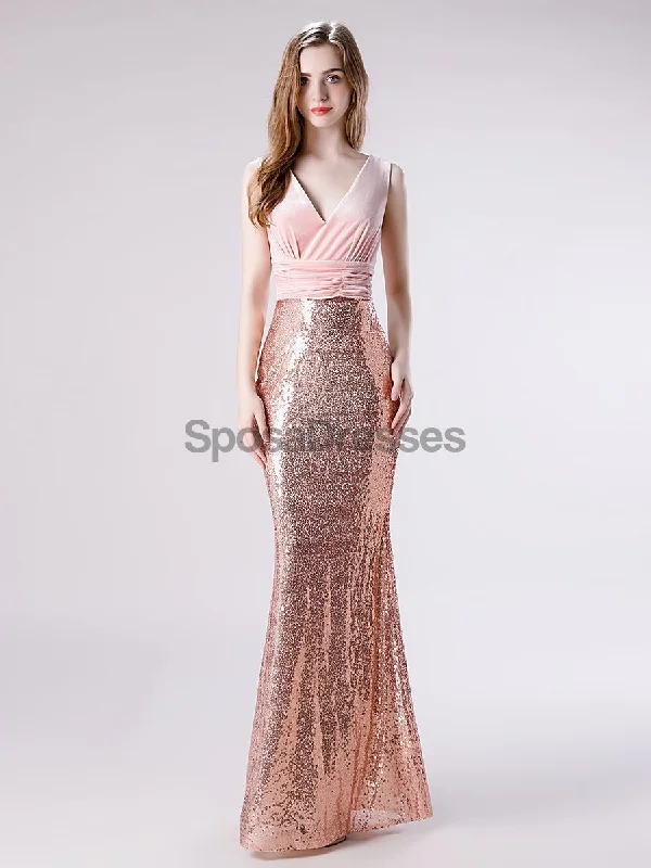 Maxi dress with vintage vibes-V Neck Rose Gold Sequin Mermaid Evening Prom Dresses, Evening Party Prom Dresses, 12113