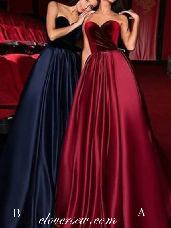 Maxi dress with metallic threads-Velvet Top Satin Sweetheart Strapless A-line Prom Dresses ,CP0322