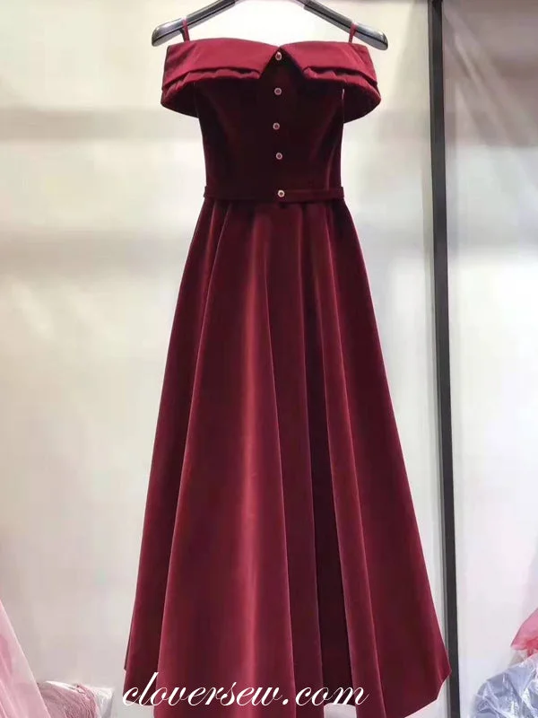 Maxi dress with trumpet sleeves-Vintage Burgundy Velvet Off The Shoulder A-line Prom Dresses,CP0165