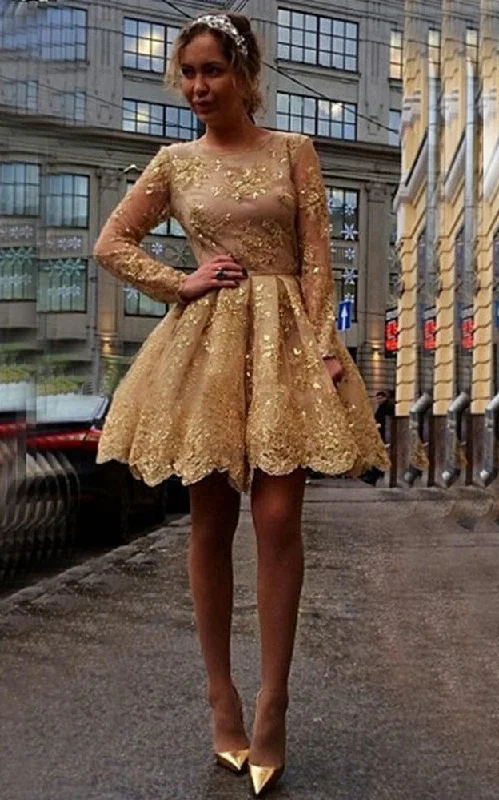 Maxi dress with elastic waist-Vintage Gold Sequins Lace A-Line Short Homecoming Prom Dress-331828