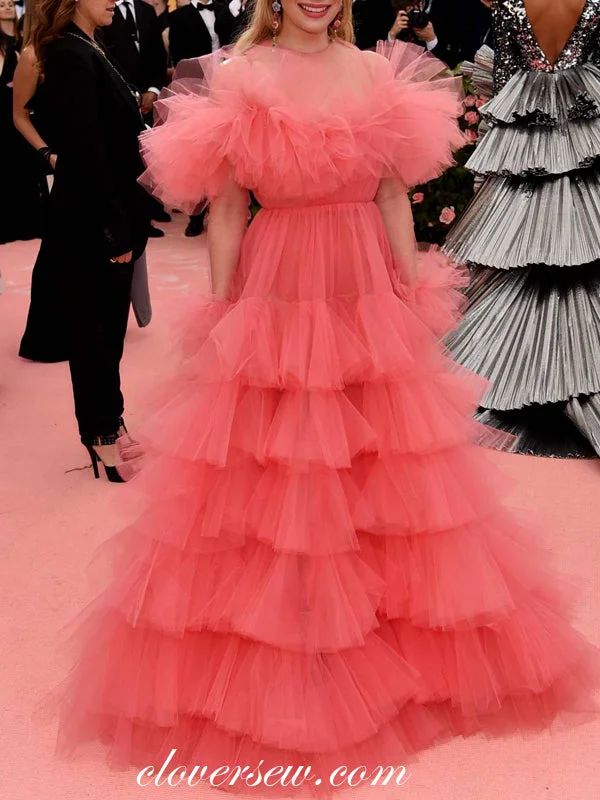 Maxi dress with bold stripes-Watermelon Red Tulle Ruffles Tiered A-line Prom Dresses,CP0209