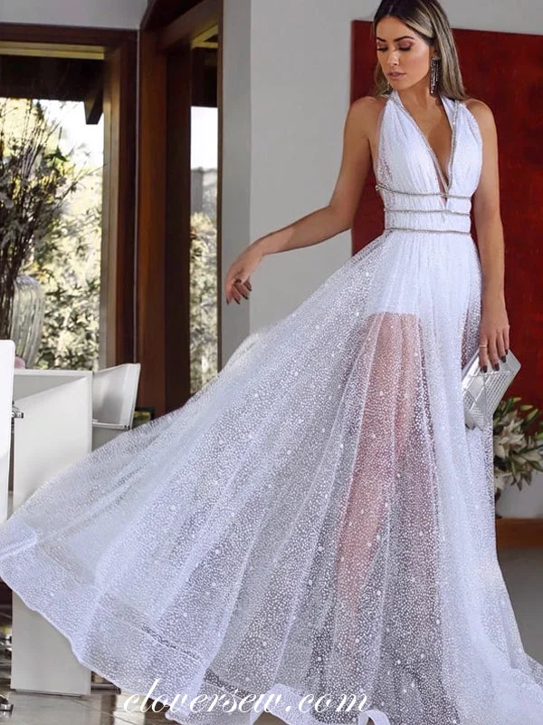 Maxi dress with dolman sleeves-White Sequined Tulle Halter Bead Strap A-line Prom Dresses , CP0260