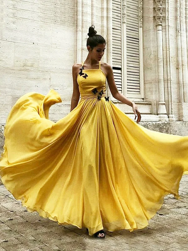 Maxi dress with crochet details-Yellow Chiffon Butterfly Appliques Backless Prom Dresses,CP0001