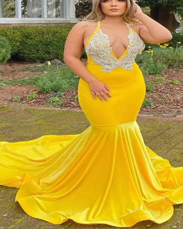 Maxi dress with sheer panels-Yellow Plus Size Prom Dresses Sexy