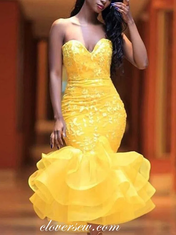 Maxi dress with flowy skirt-Yellow Satin Lace Applique Ruffles Mermaid Ankle Length Prom Dresses ,CP0259