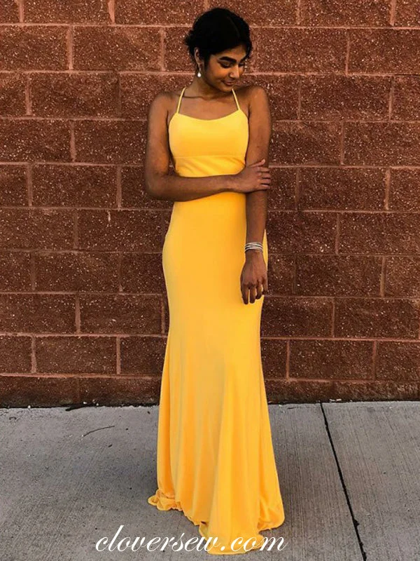 Floral embroidered maxi dress-Yellow Spaghetti Strap Lace Up Backless Prom Dresses, CP0017