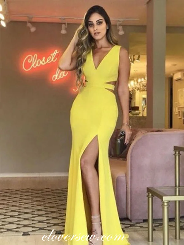 Maxi dress with cutouts-Yellow V-neck Sleeveless Side Slit Sheath Prom Dresses ,CP0132